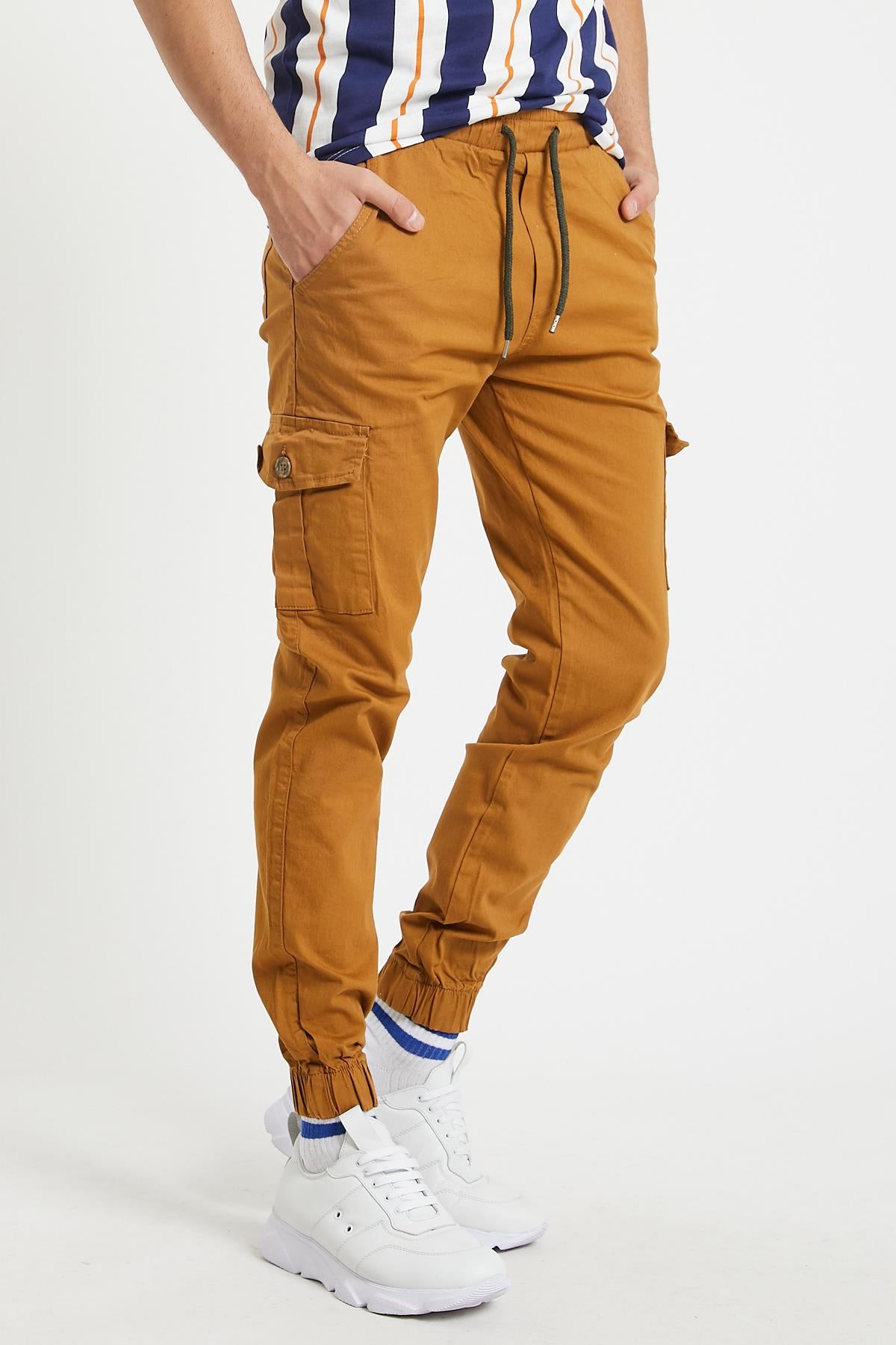 Slim Fit None Denim Side Pocket Luffed Lagging, Paçları Tire Flexible Cargo Men's Pants