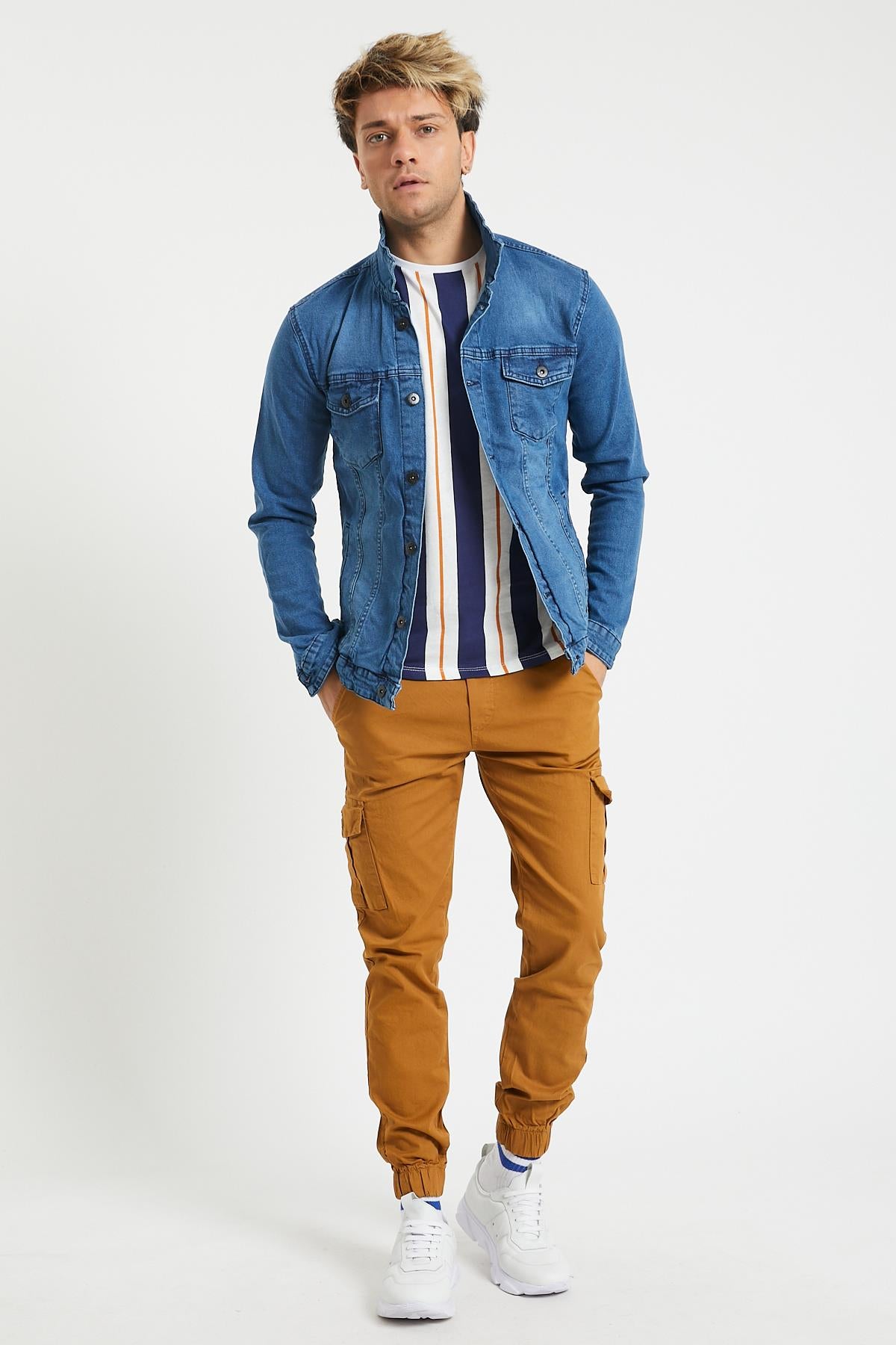 Slim Fit None Denim Side Pocket Luffed Lagging, Paçları Tire Flexible Cargo Men's Pants