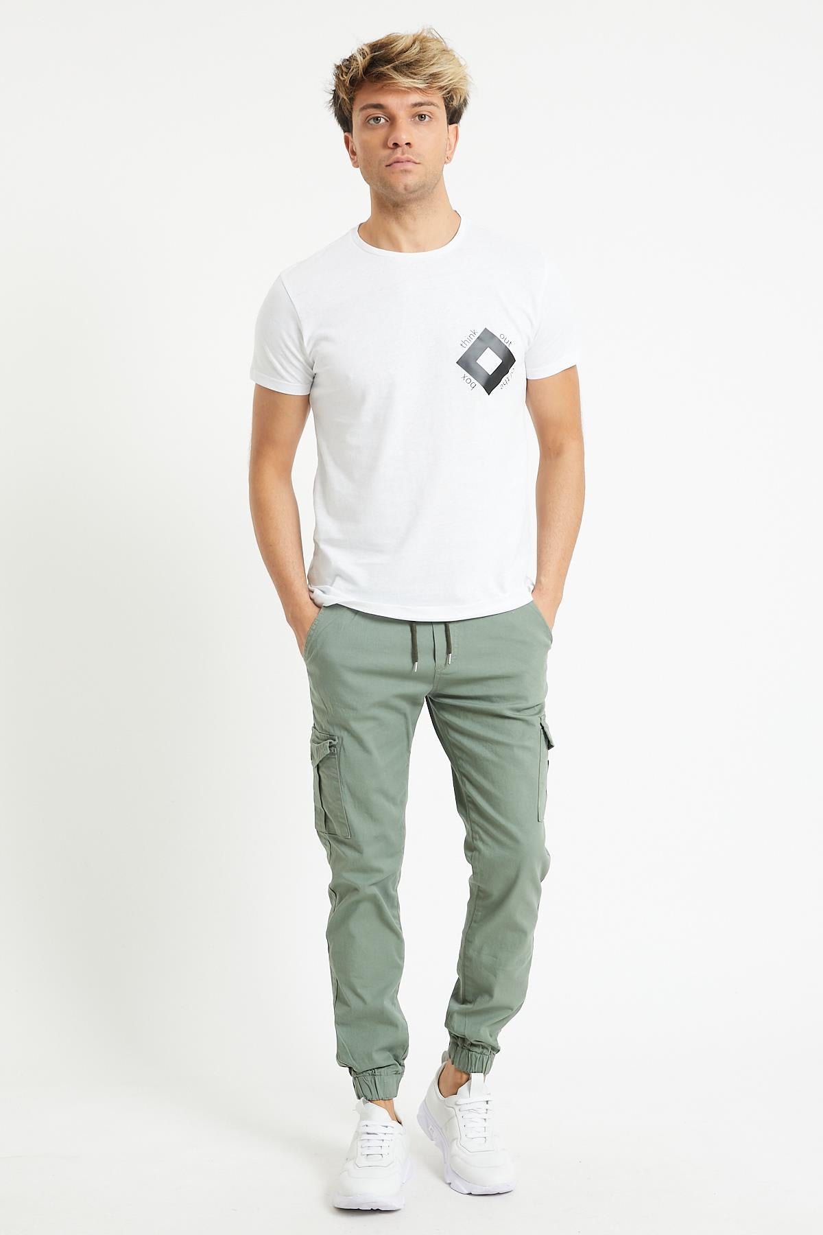 Slim Fit None Denim Side Pocket Luffed Lagging, Paçları Tire Flexible Cargo Men's Pants
