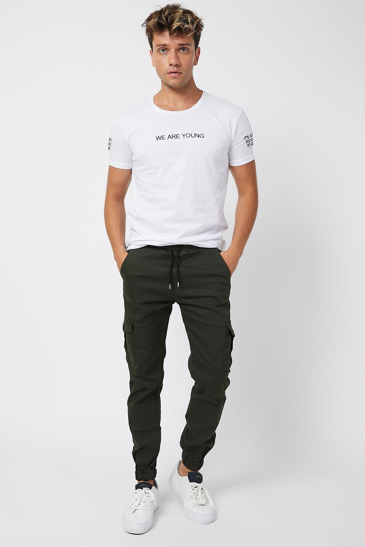 Slim Fit None Denim Side Pocket Luffed Lagging, Paçları Tire Flexible Cargo Men's Pants