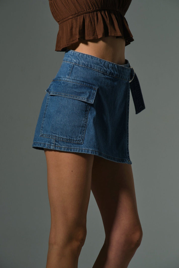 %100 pamuk Cepli D toka detaylı şort etek indigo denim kadın skort Maule