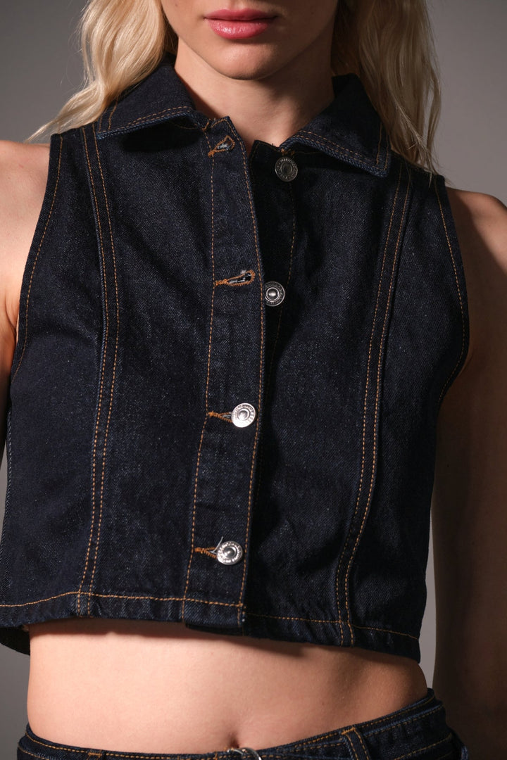%100 Pamuk Raw Denim Kısa Metal Düğmeli Kolsuz kadın Jean Yelek @Modena Maule