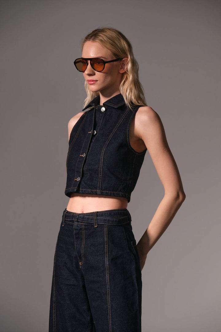 %100 Pamuk Raw Denim Kısa Metal Düğmeli Kolsuz kadın Jean Yelek @Modena Maule