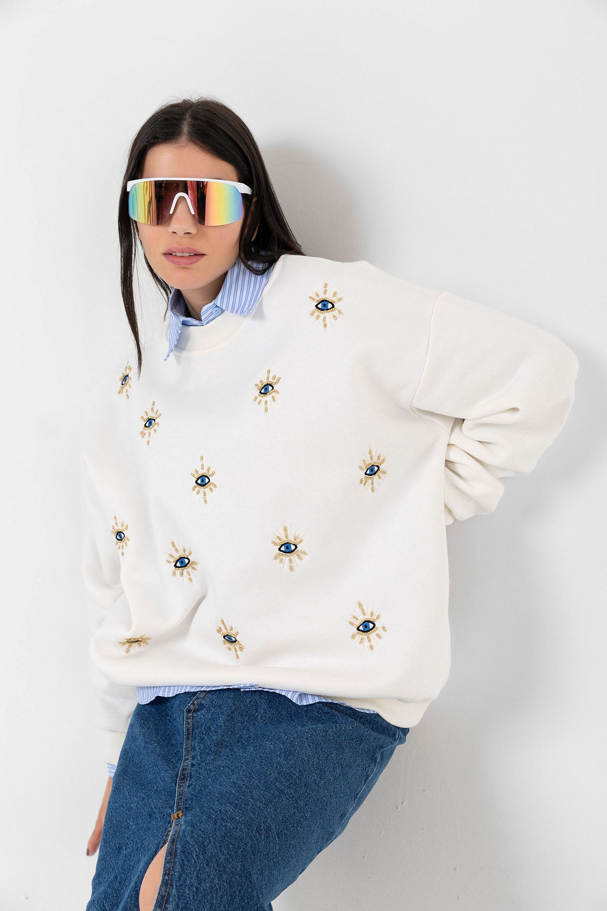3 iplik şardonlu nazar bocuğu göz nakışlı kadın sweatshirt