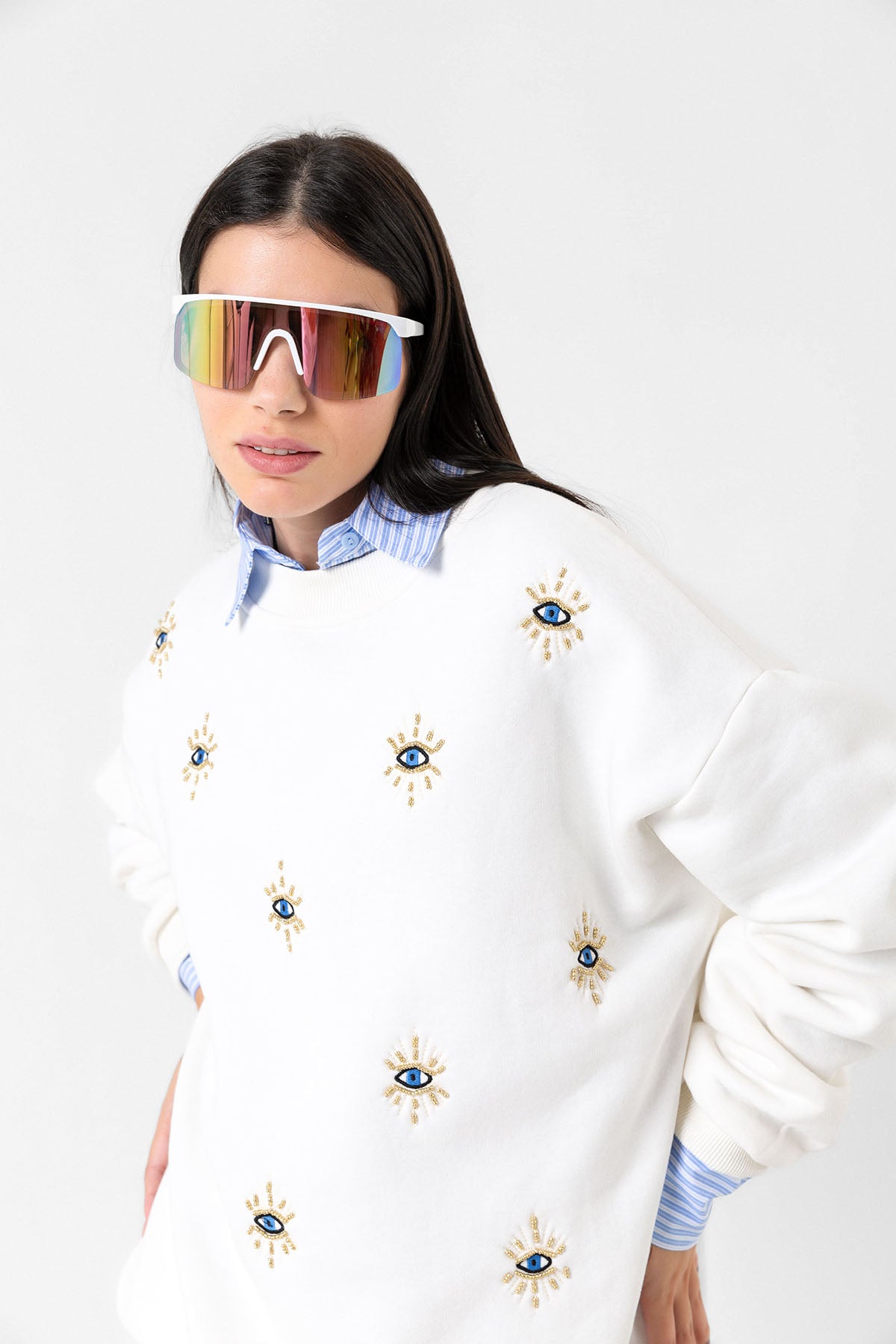 3 iplik şardonlu nazar bocuğu göz nakışlı kadın sweatshirt