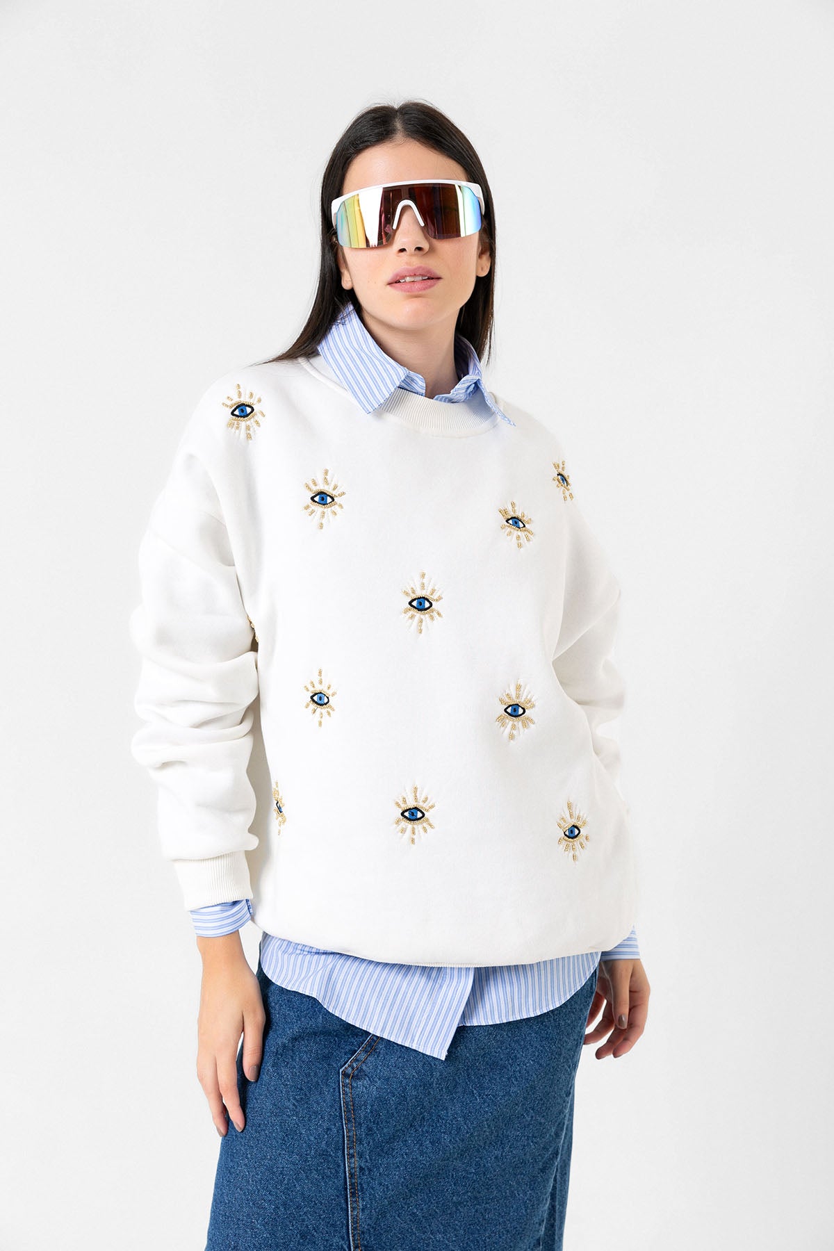 3 iplik şardonlu nazar bocuğu göz nakışlı kadın sweatshirt