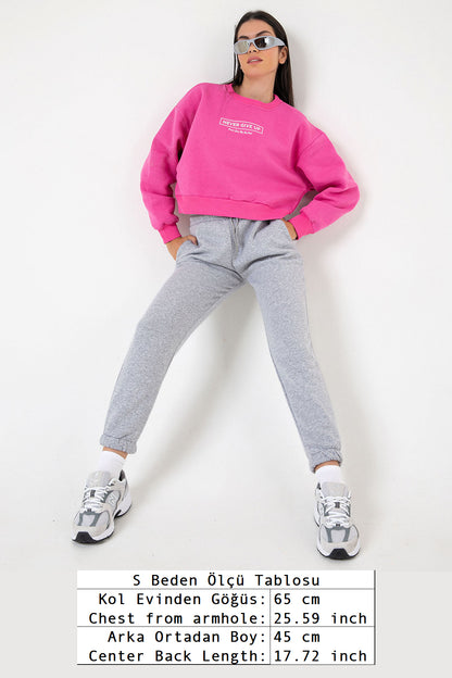 3 iplik şardonlu slogan baskılı boxy düşük omuz kadın sweatshirt