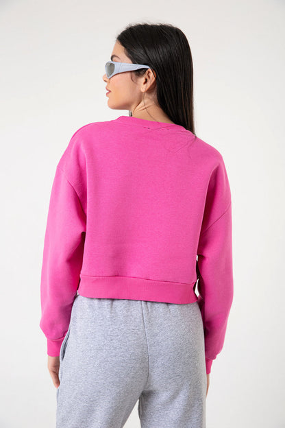 3 iplik şardonlu slogan baskılı boxy düşük omuz kadın sweatshirt