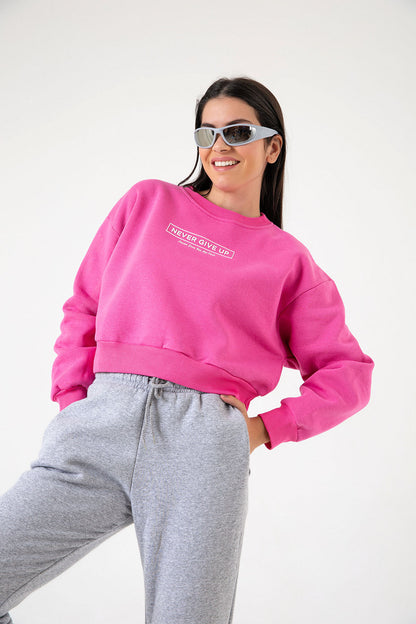 3 iplik şardonlu slogan baskılı boxy düşük omuz kadın sweatshirt