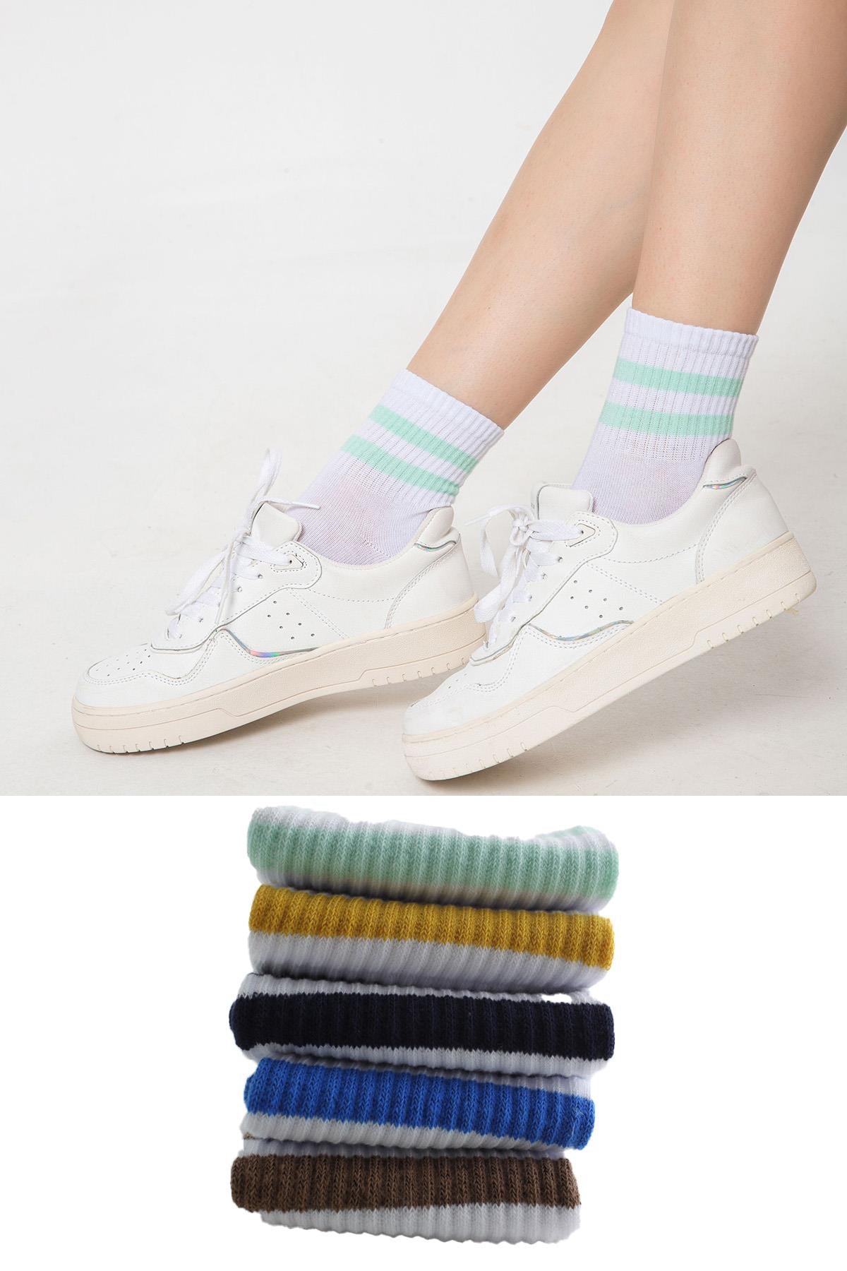 5'li paket beyaz renk Pamuklu farklı renklerde Çizgili Unisex Kadın Erkek Çorap