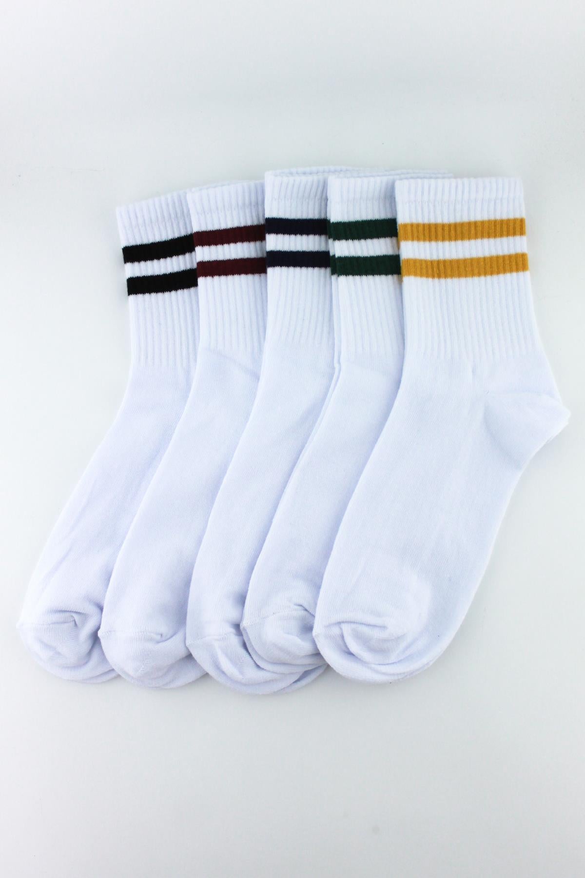 5'li paket farklı çizgilerde beyaz Yarım Konç erkek - Kadın Unisex Çorap