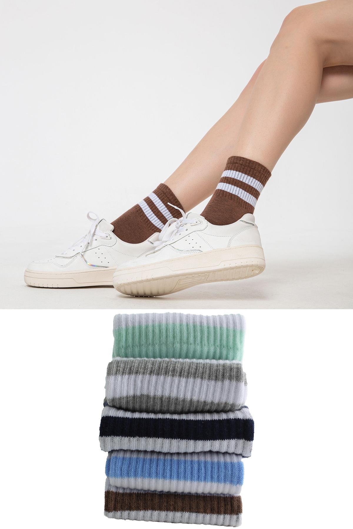 5 Package Package of Cotton White Striped Unisex Women Men's Socks in Different Colors