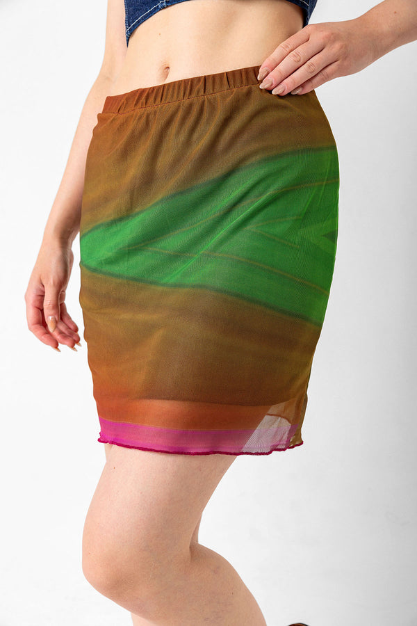 Printed High Waist Lined Mini Knitted Tulle Women's Skirt