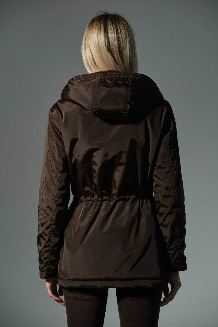 Çift taraflı bir tarafı peluş bir tarafı su itici mikro Fermuarlı Kapüşonlu Kadın Mont @Varoni Maule