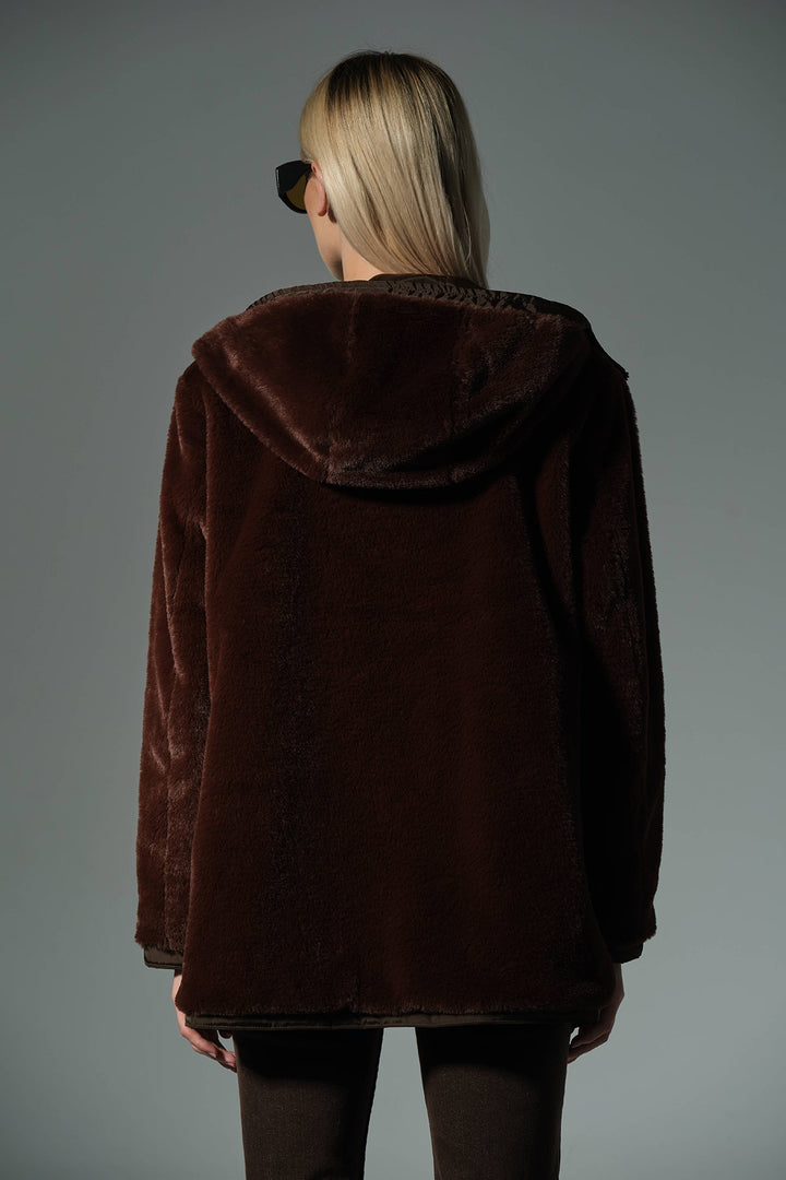 Çift taraflı bir tarafı peluş bir tarafı su itici mikro Fermuarlı Kapüşonlu Kadın Mont @Varoni Maule