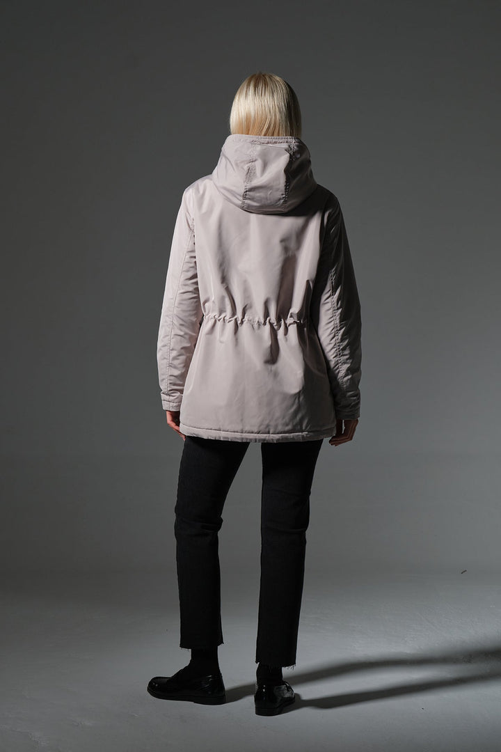 Çift taraflı bir tarafı peluş bir tarafı su itici mikro Fermuarlı Kapüşonlu Kadın Mont @Varoni Maule