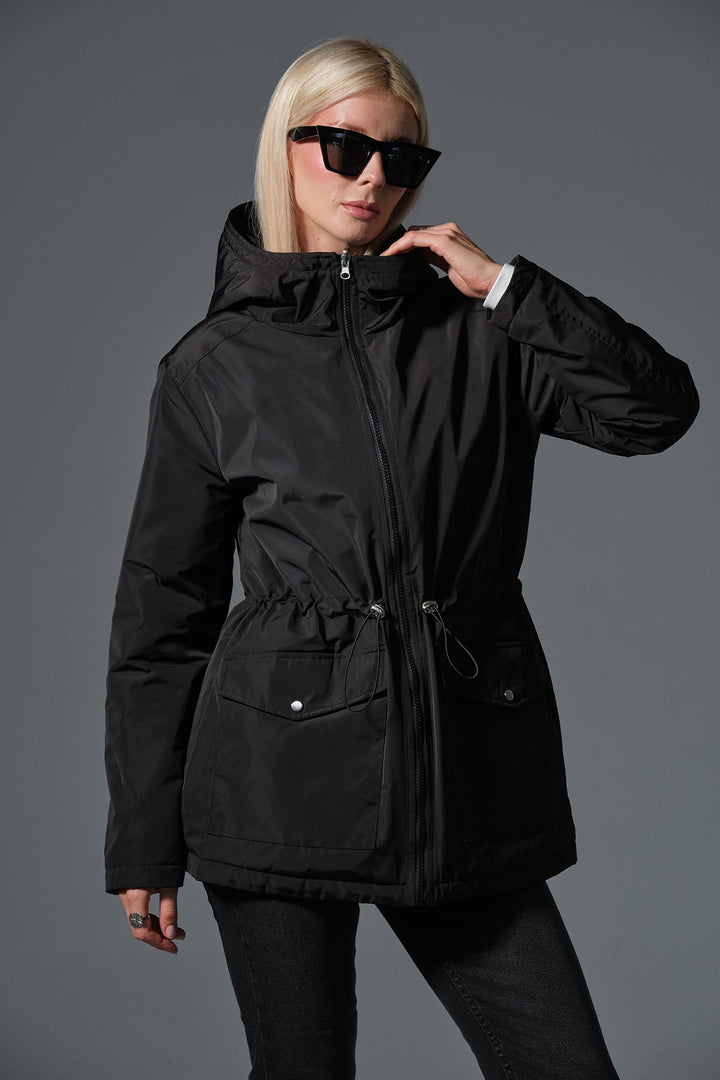 Çift taraflı bir tarafı peluş bir tarafı su itici mikro Fermuarlı Kapüşonlu Kadın Mont @Varoni Maule