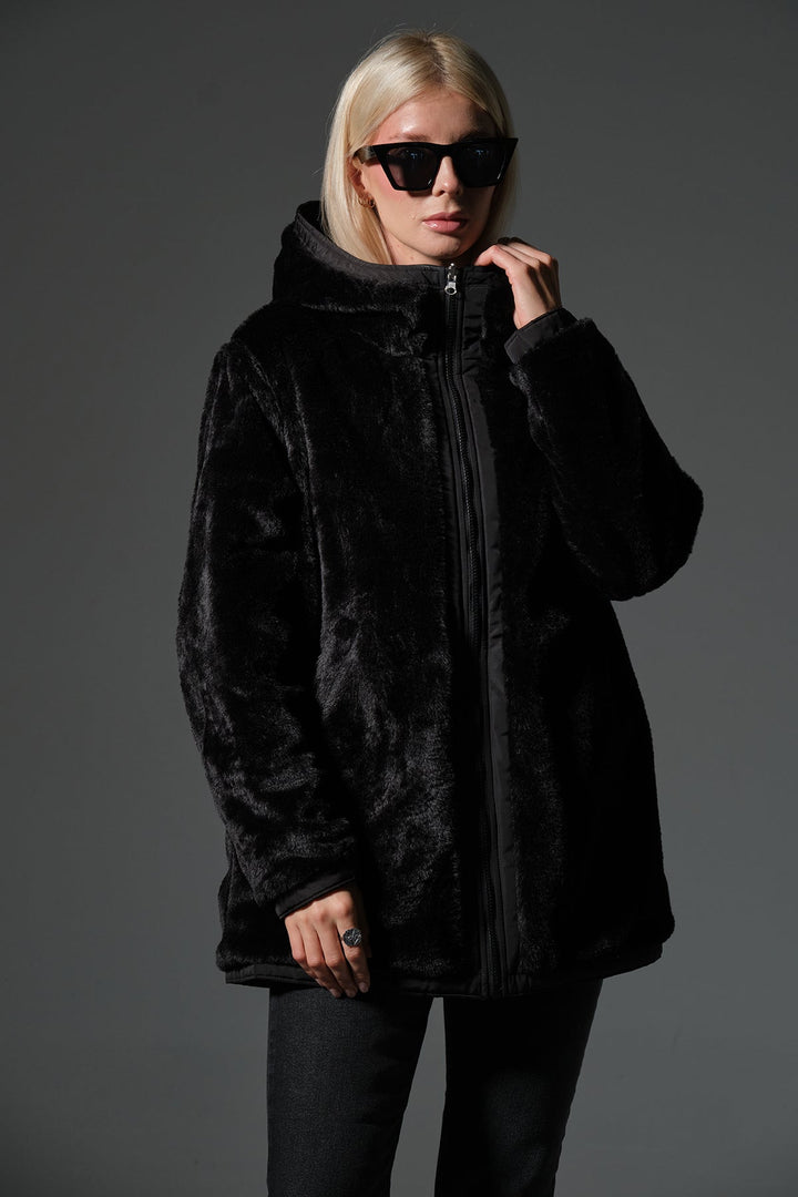 Çift taraflı bir tarafı peluş bir tarafı su itici mikro Fermuarlı Kapüşonlu Kadın Mont @Varoni Maule