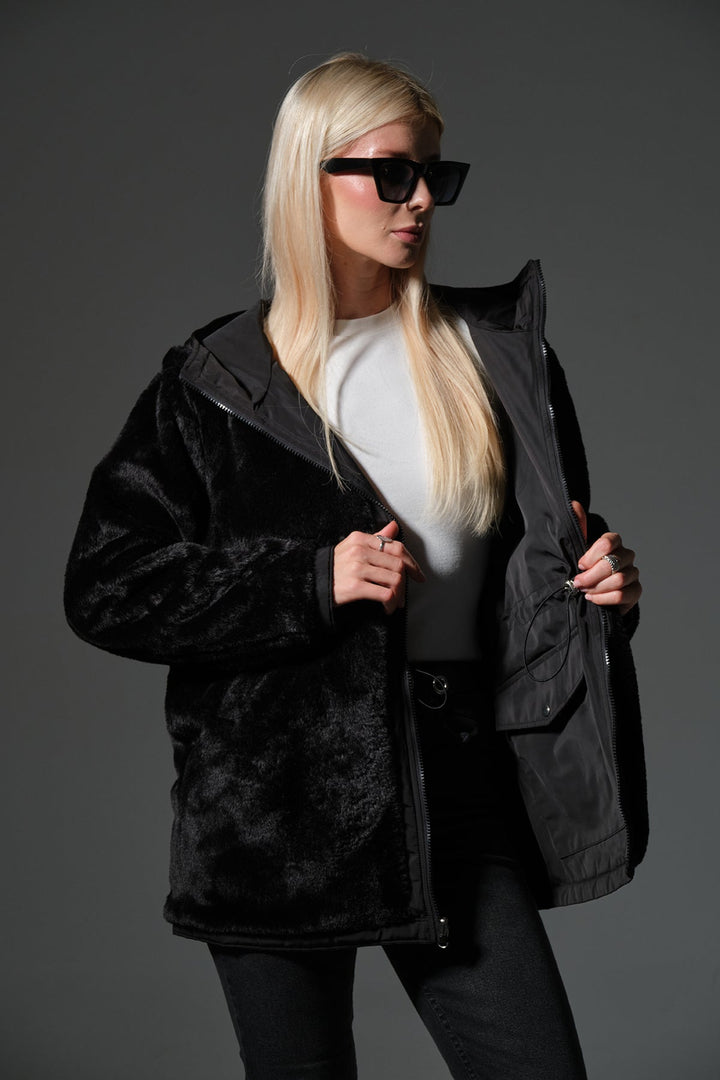 Çift taraflı bir tarafı peluş bir tarafı su itici mikro Fermuarlı Kapüşonlu Kadın Mont @Varoni Maule