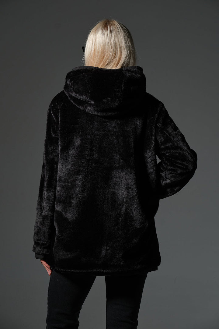 Çift taraflı bir tarafı peluş bir tarafı su itici mikro Fermuarlı Kapüşonlu Kadın Mont @Varoni Maule