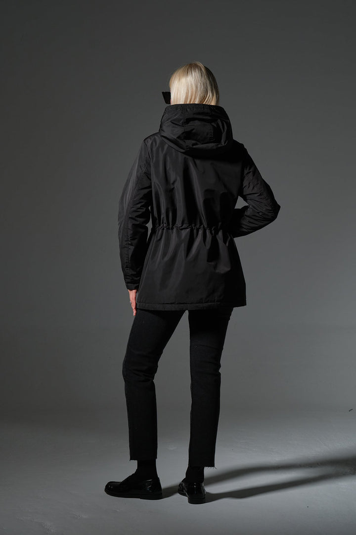 Çift taraflı bir tarafı peluş bir tarafı su itici mikro Fermuarlı Kapüşonlu Kadın Mont @Varoni Maule