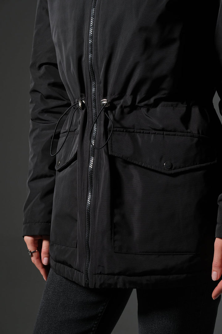 Çift taraflı bir tarafı peluş bir tarafı su itici mikro Fermuarlı Kapüşonlu Kadın Mont @Varoni Maule