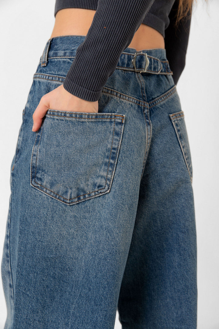 Toka Detaylı Bol Kesim Geniş Paça Rahat Baggy Jean Kot Salaş Kadın Pantolon @Milano Maule
