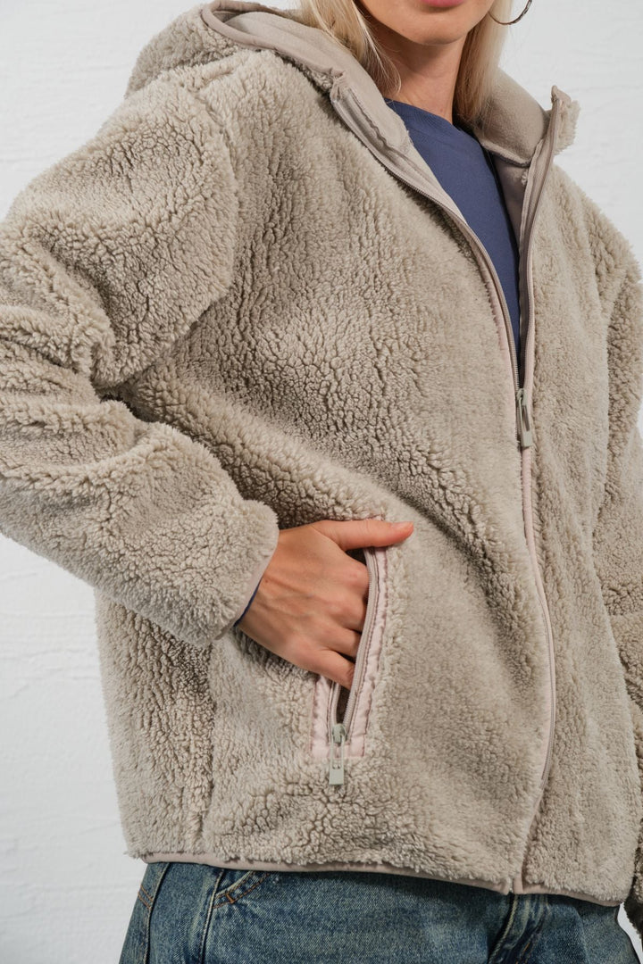 Dışı Suni Kürk, İçi Polar Fermuar Cepli Kapüşonlu Fermuarlı Spor Kadın Mont @Zaragoza Maule