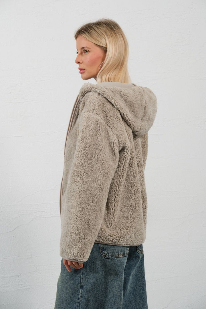 Dışı Suni Kürk, İçi Polar Fermuar Cepli Kapüşonlu Fermuarlı Spor Kadın Mont @Zaragoza Maule