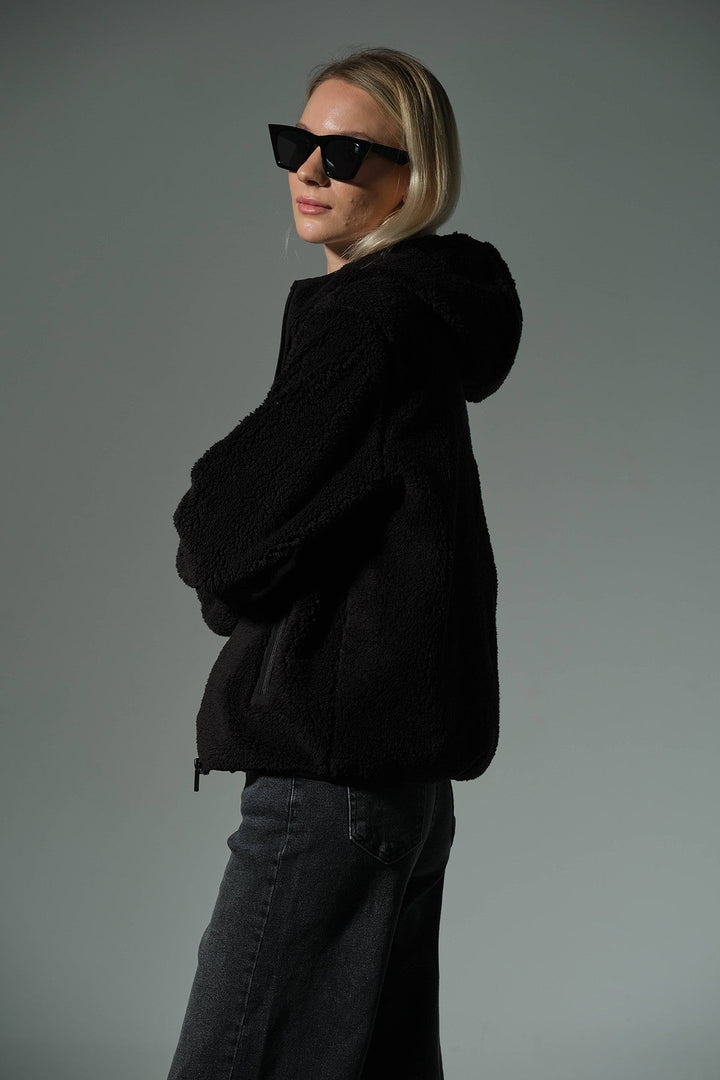 Dışı Suni Kürk, İçi Polar Fermuar Cepli Kapüşonlu Fermuarlı Spor Kadın Mont @Zaragoza Maule