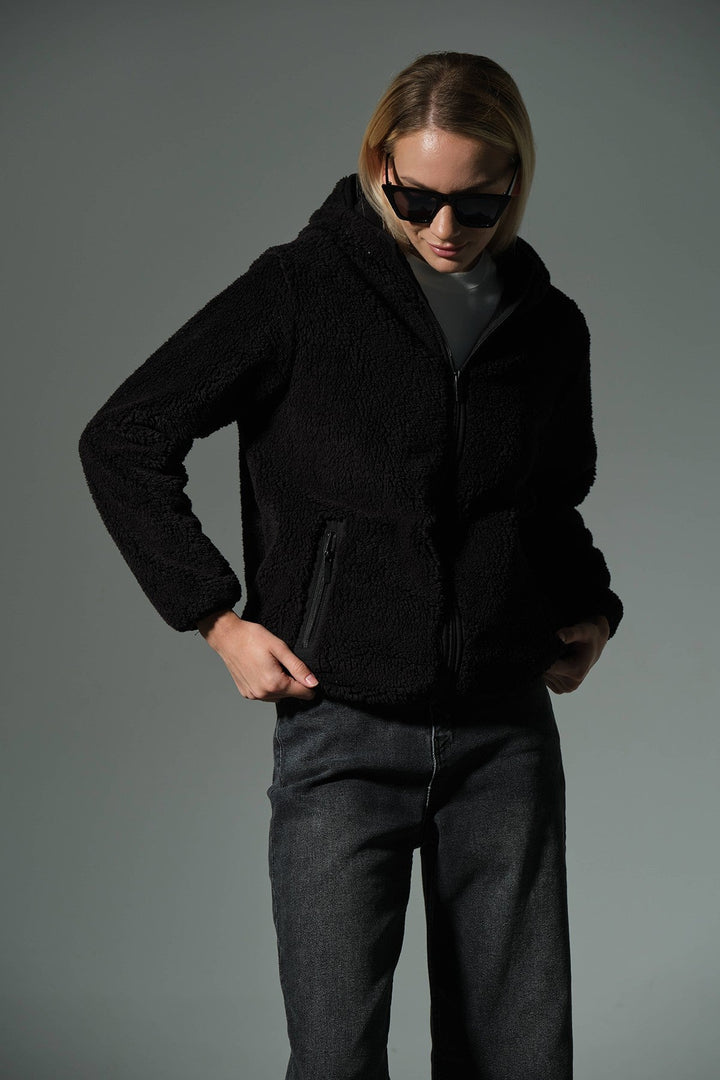 Dışı Suni Kürk, İçi Polar Fermuar Cepli Kapüşonlu Fermuarlı Spor Kadın Mont @Zaragoza Maule