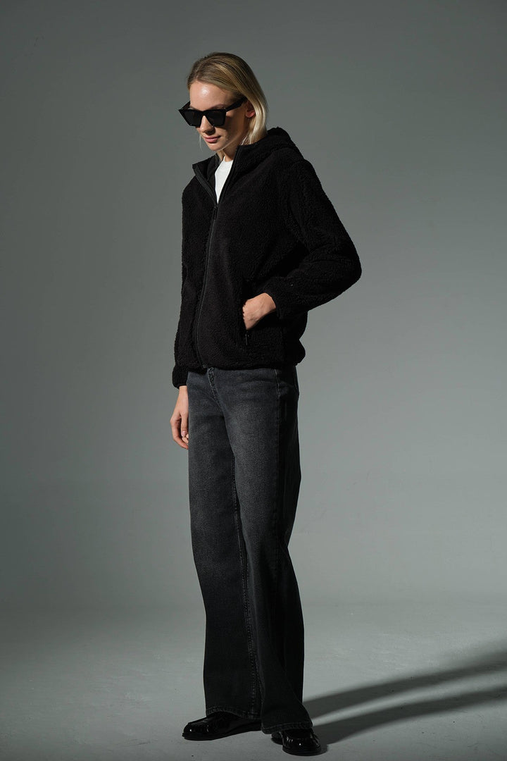 Dışı Suni Kürk, İçi Polar Fermuar Cepli Kapüşonlu Fermuarlı Spor Kadın Mont @Zaragoza Maule