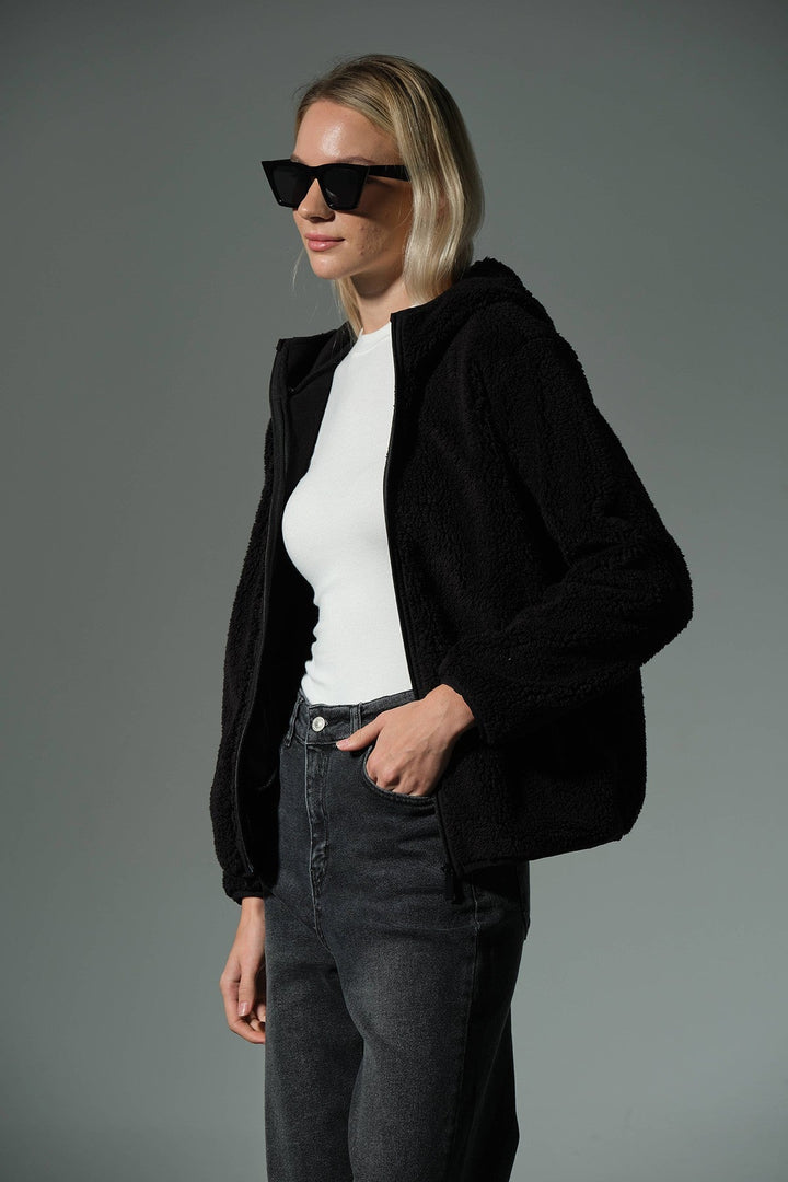 Dışı Suni Kürk, İçi Polar Fermuar Cepli Kapüşonlu Fermuarlı Spor Kadın Mont @Zaragoza Maule