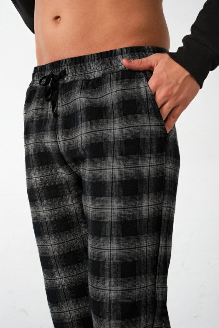 Ekoseli Flanel Pijama Altı Rahat Kesim Dar Paça Pamuklu Erkek Pantolon Domoda