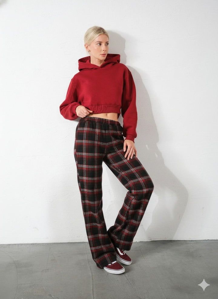 Ekoseli Flanel Yüksek Bel Pijama Altı Rahat Kesim Geniş Paça Pamuklu Kadın Pantolon Domoda