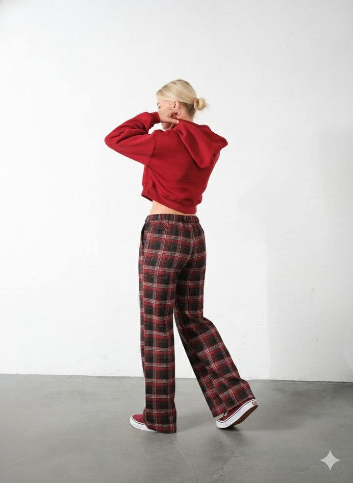 Ekoseli Flanel Yüksek Bel Pijama Altı Rahat Kesim Geniş Paça Pamuklu Kadın Pantolon Domoda