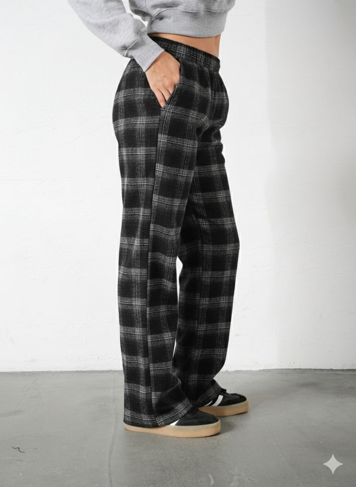 Ekoseli Flanel Yüksek Bel Pijama Altı Rahat Kesim Geniş Paça Pamuklu Kadın Pantolon Domoda