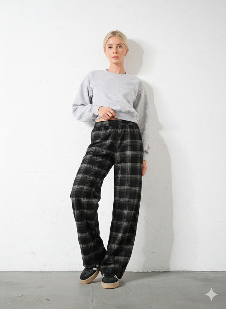 Ekoseli Flanel Yüksek Bel Pijama Altı Rahat Kesim Geniş Paça Pamuklu Kadın Pantolon Domoda