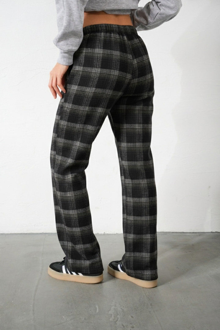 Ekoseli Flanel Yüksek Bel Pijama Altı Rahat Kesim Geniş Paça Pamuklu Kadın Pantolon Domoda