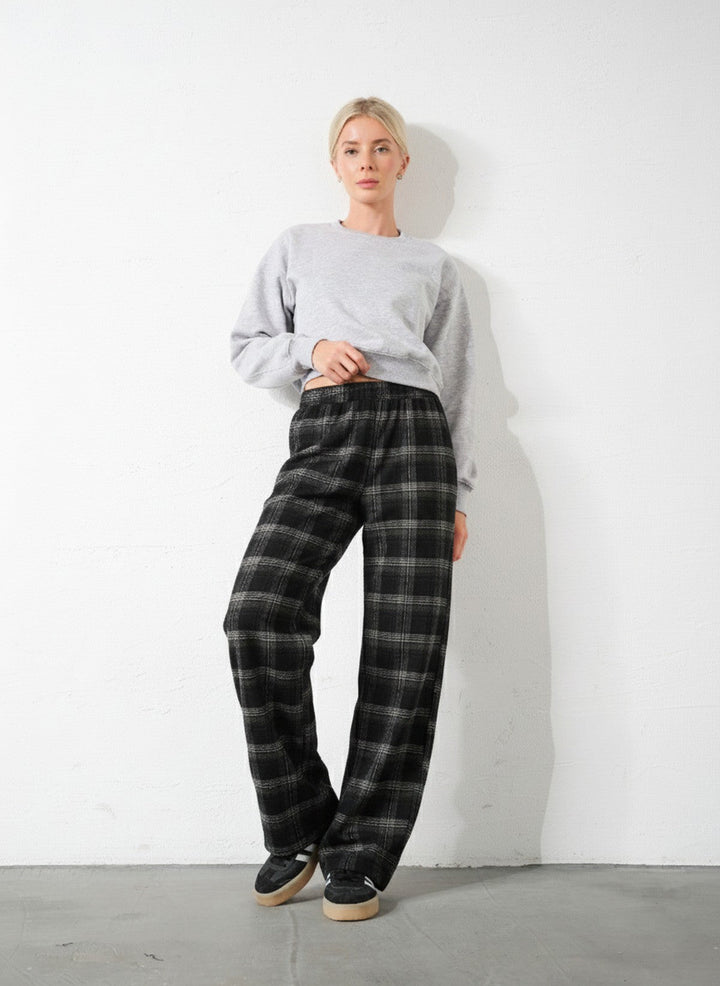 Ekoseli Flanel Yüksek Bel Pijama Altı Rahat Kesim Geniş Paça Pamuklu Kadın Pantolon Domoda