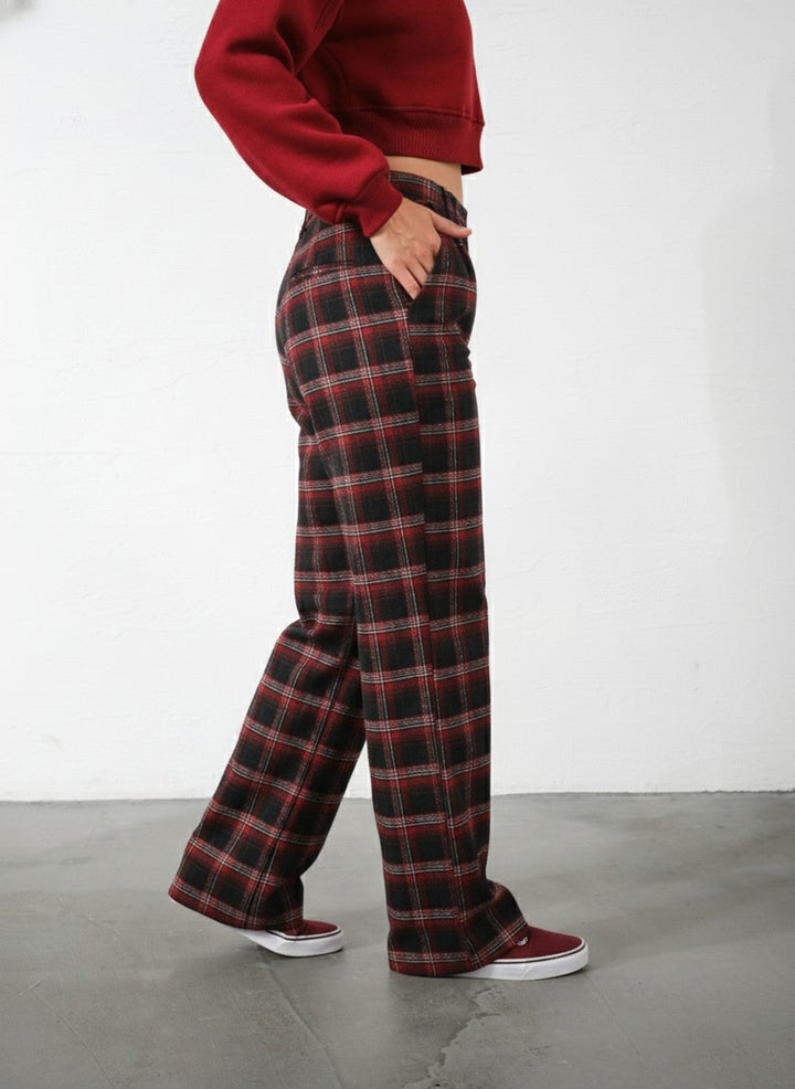 Ekoseli Flanel Yüksek Bel Pijama Altı Rahat Kesim Geniş Paça Pamuklu Kadın Pantolon Domoda