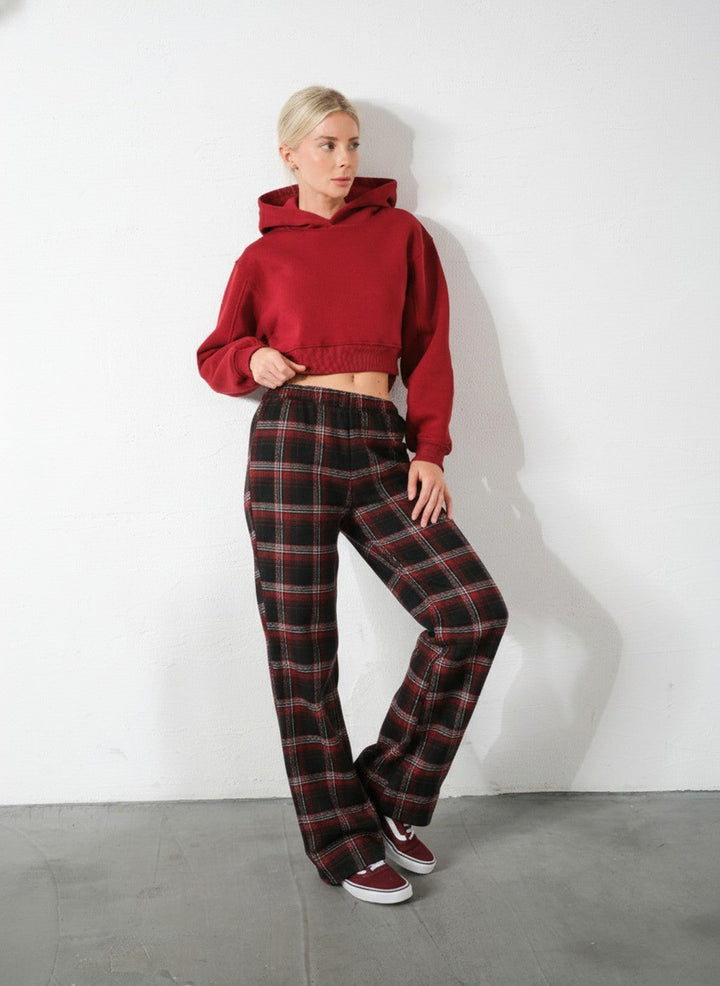 Ekoseli Flanel Yüksek Bel Pijama Altı Rahat Kesim Geniş Paça Pamuklu Kadın Pantolon Domoda