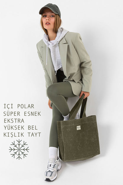 Ekstra Yüksek Bel Toparlayıcı Karyoka Dikişli Kışlık içi Polar Push up Tayt