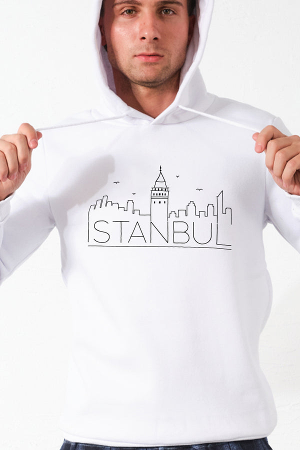 istanbul baskılı Kapüşonlu Basic Geniş Kesim Erkek İçi Polarlı Erkek Sweatshirt