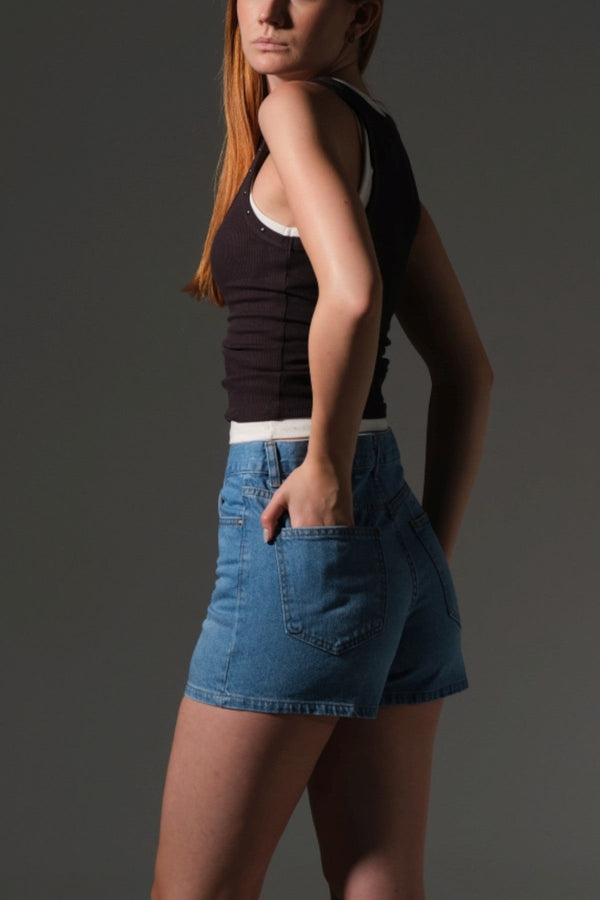 Kadın Mini Jean Şort, Yüksek Bel, Fermuarlı, 5 cep %100 pamuk  Denim Kot @Potenza Maule