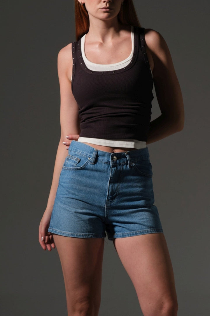 Kadın Mini Jean Şort, Yüksek Bel, Fermuarlı, 5 cep %100 pamuk  Denim Kot @Potenza Maule