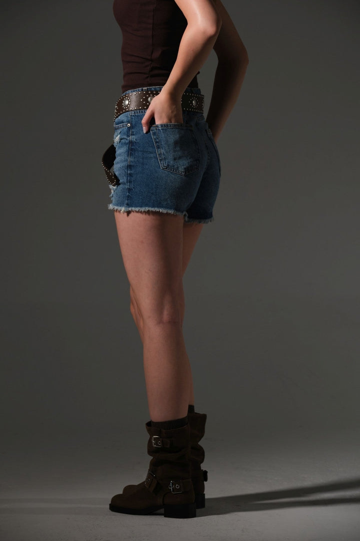 Kadın Mini Jean Şort, Yüksek Bel, Fermuarlı, 5 cep %100 pamuk  Denim Kot @Potenza Maule