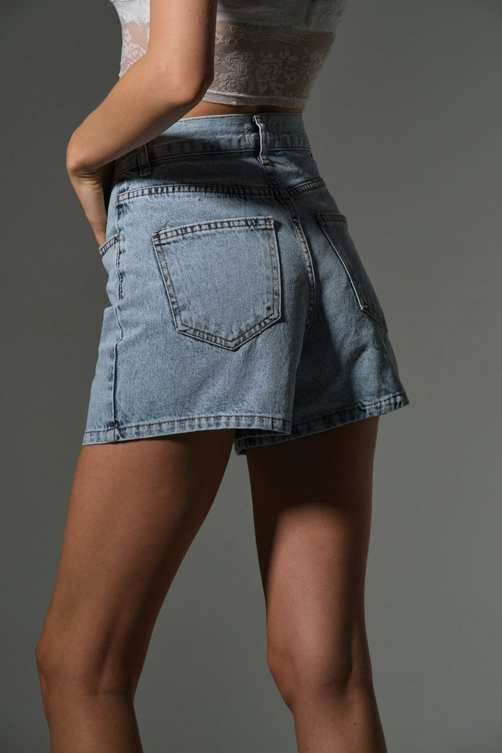 Kadın Mini Jean Şort, Yüksek Bel, Fermuarlı, 5 cep %100 pamuk  Denim Kot @Potenza Maule