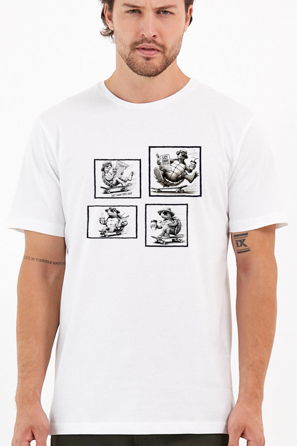 Kaplumbağa Çerçeve Baskılı Yapay Zeka Tasarımı Penye Rahat Kalıp %100 Pamuk Erkek Tişört @BlahxAi