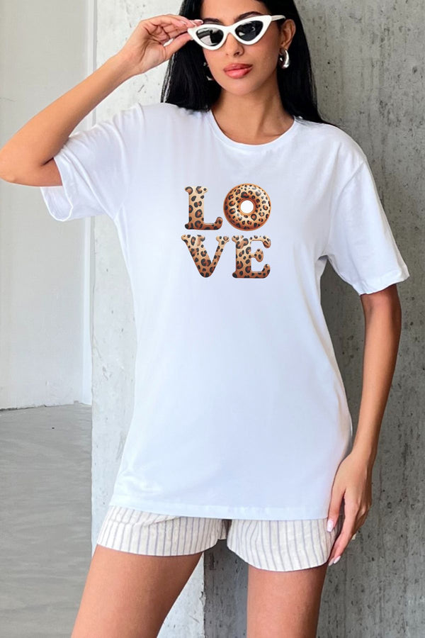 Leopar Love  Donut Baskılı Yapay Zeka Tasarımı Penye Oversize %100 Pamuk Kadın Tişört @BlahxAi